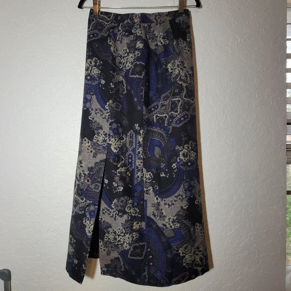 Silk Wool Geiger Collection Skirt Slit Blue Paisley Floral Maxi Design Sz 38 - Picture 1 of 7